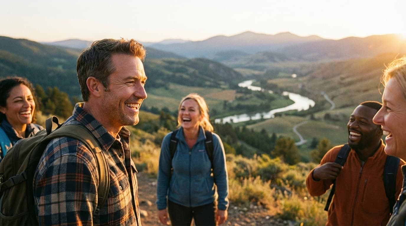 Friends laughing together while hiking at sunset with mountain valley view