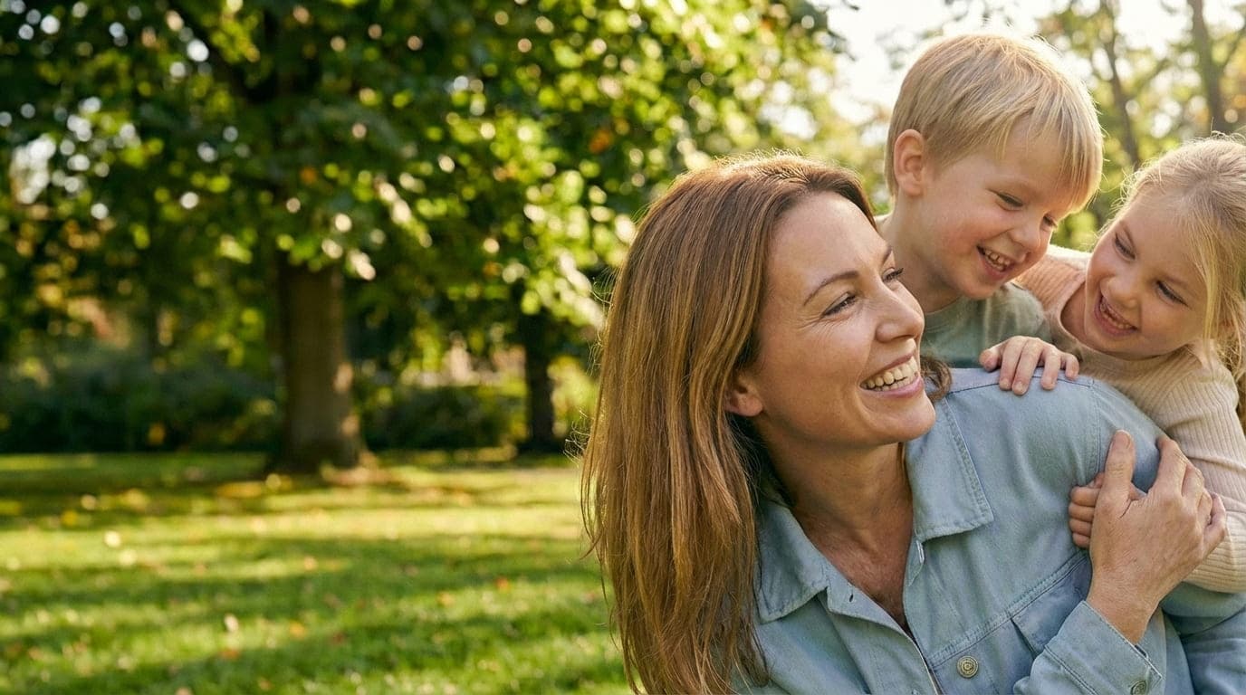 Mother laughing with her two children in a sunny park