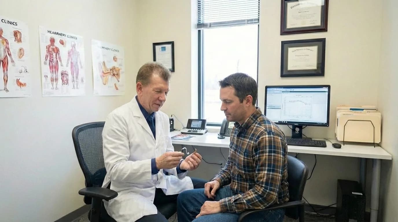 Hearing specialist showing hearing aid to patient in clinic